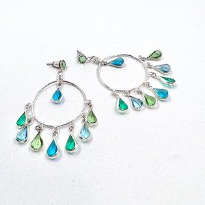 NWOT - Blue & Green Teardrop Beaded Silver Tone Chandelier Style Post Earrings